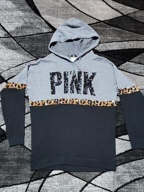 VINTAGE VS PINK 2014 LEOPARD PRINT SEQUINS COLORBLOCK OVERSIZED HOODIE SWEATSHIR